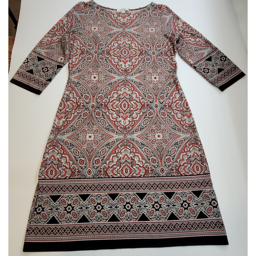 London Style Collection Paisley Medallion Sheath Dress Orange‎ Black Size 10